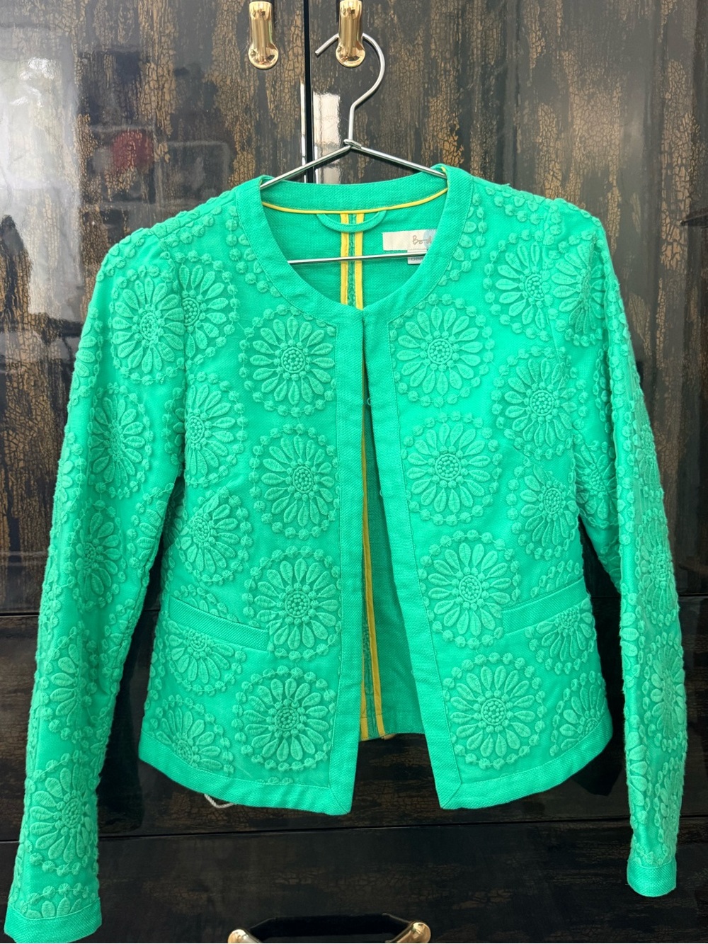 Boden Teal Embroidered Floral Cropped Jacket